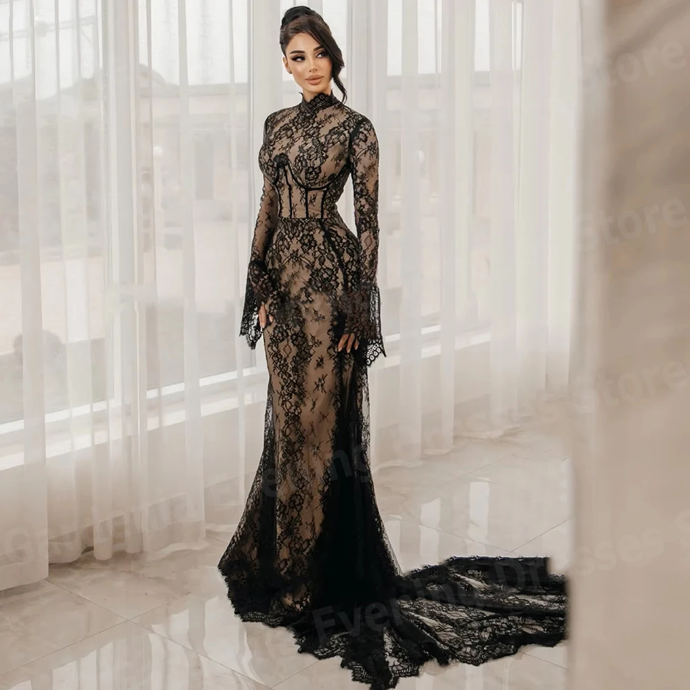 Luxurious Mermaid Women's Evening Dresses Lace Long Sleeve High Neck Prom Gowns Vestidos Para Mujer Customized Robe De Soirée