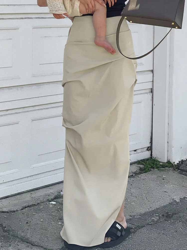 Simple and Plain Pleated Split Half Length Skirt for Women with High Waist, Slim Fit, Buttocks and Sexy Irregular Skirt