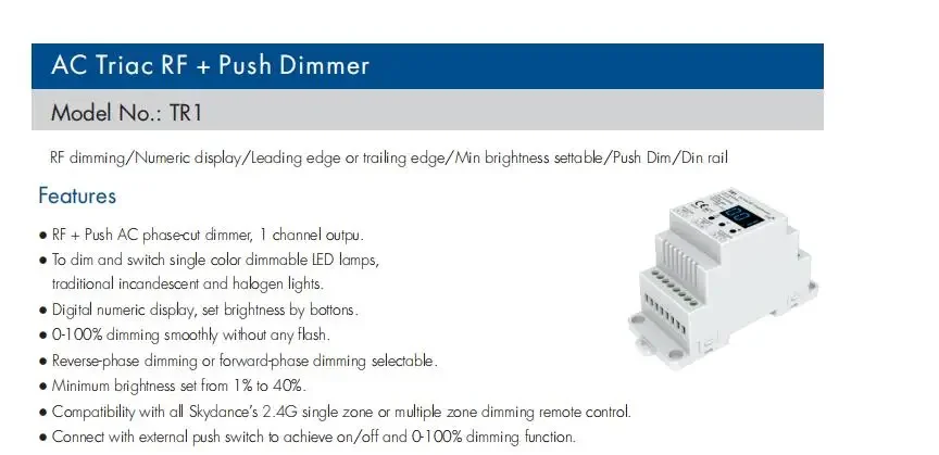 TR1 LED Triac RF Push Dimmer AC220V Input High Voltage AC100-240V Output 1CH To Dim Trailing Edge Dimming Din Rail Triac Dimmer