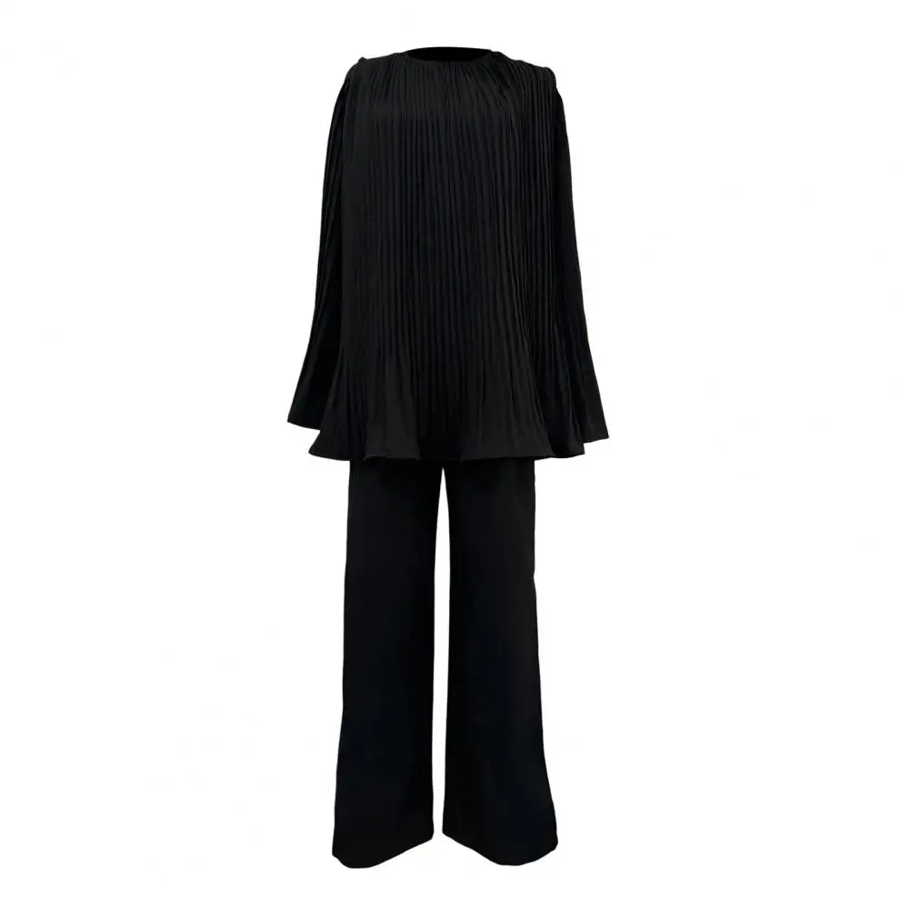 

Solid Color Trousers Set Elegant Pleated Horn Sleeves Top Wide Leg Trousers Set with Lace-up Bow Detail Women's for Commuting