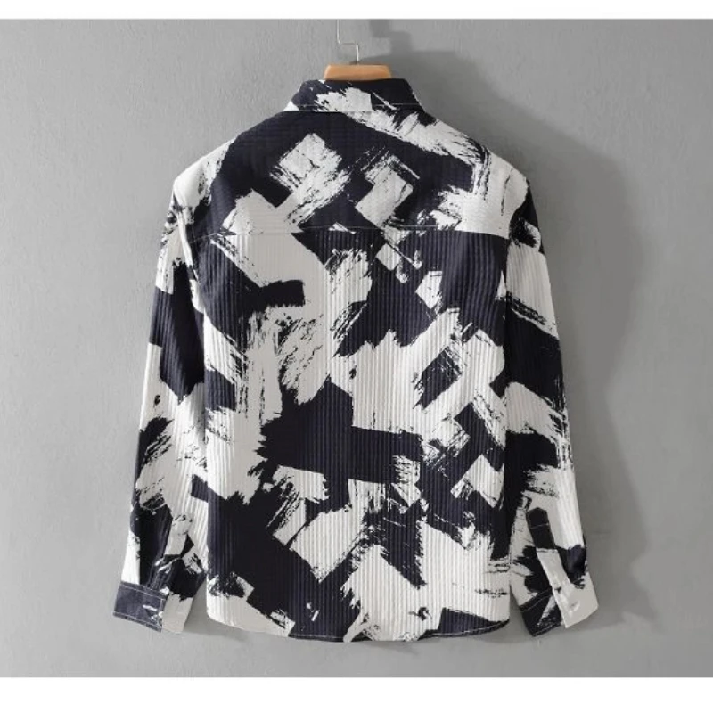 

Тенденция печати, свободная блузка с длинным рукавом, весна-осень, новая мужская повседневная молодежная рубашка с воротником-поло, топы, модная корейская мужская одежда