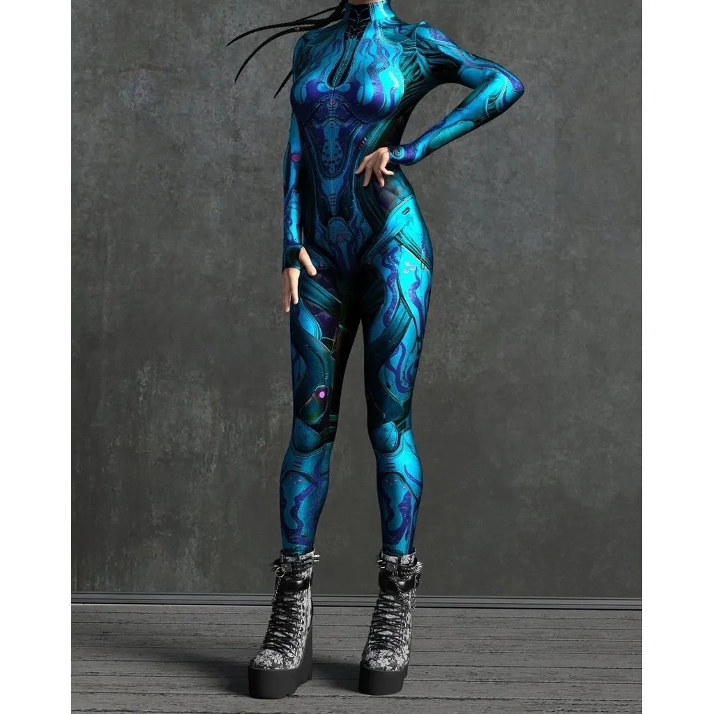 Unisex Cyber Punk 3D Digital Printing Halloween Party Role Play Outfit Women Men Cosplay Costume Carnival Jumpsuit