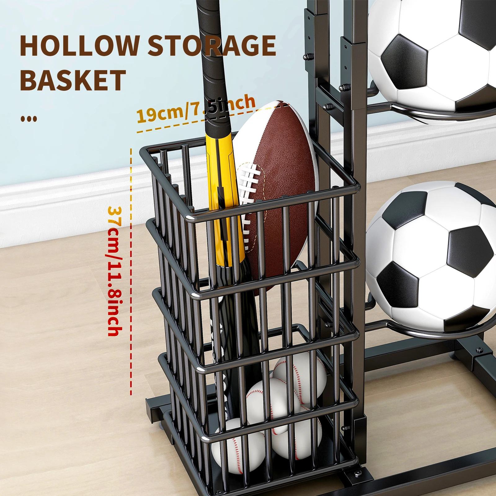 Sports equipment storage rack Outdoor indoor Basketball Football Volleyball Baseball storage holder Large capacity Black