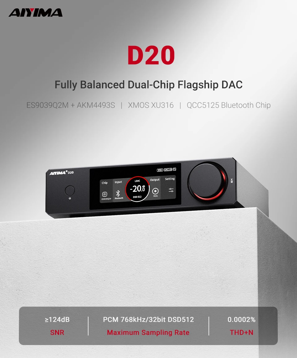 AIYIMA D20 HiFi DAC-Decoder AK4493SEQ ES9039Q2M XMOS XU316 USB DSD512 Bluetooth 5.1 LDAC RCA XLR Audio-Konverter VU-Meter – Detail 3