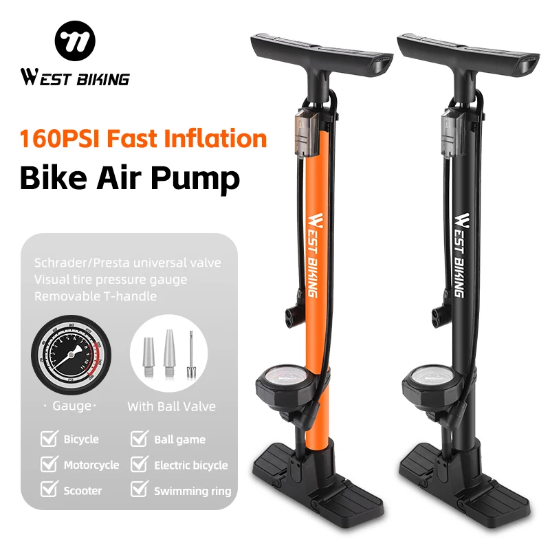 WEST BIKING Bicycle Pump 160PSI Portable Air Pump With Gauge Tire Inflator Schrader Presta Valve Mountain Road Bike Accessories