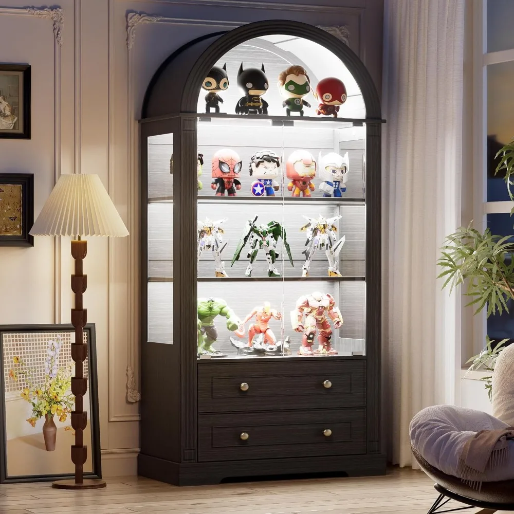 Armário alto arqueado 73 com portas de vidro e luzes LED, armário de curiosidades de 4 camadas para colecionáveis e estante