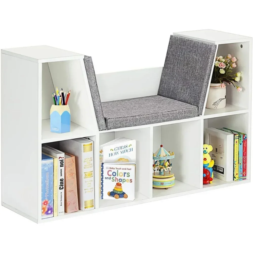 

Kids Bookcase w/Cushioned Reading Nook, Multi Purpose Storage Organizer Cabinet Shelf with Soft Cushion and Thick Wood Board