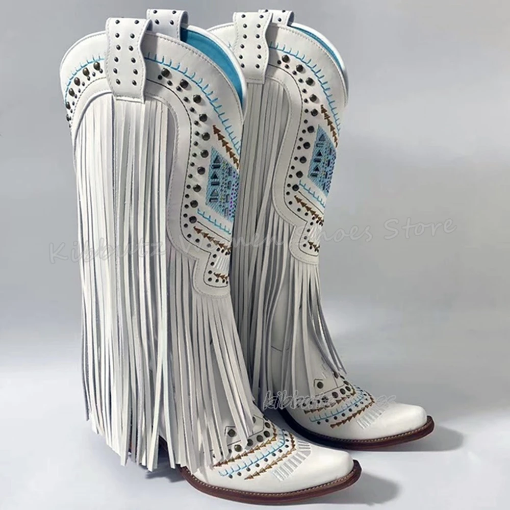 Fringe Cowboy Knee High Boot Genuine Leather Mixed Color Slip-On Fashion Elegant Concise Sexy Women Shoes New Pointy Chunky Heel