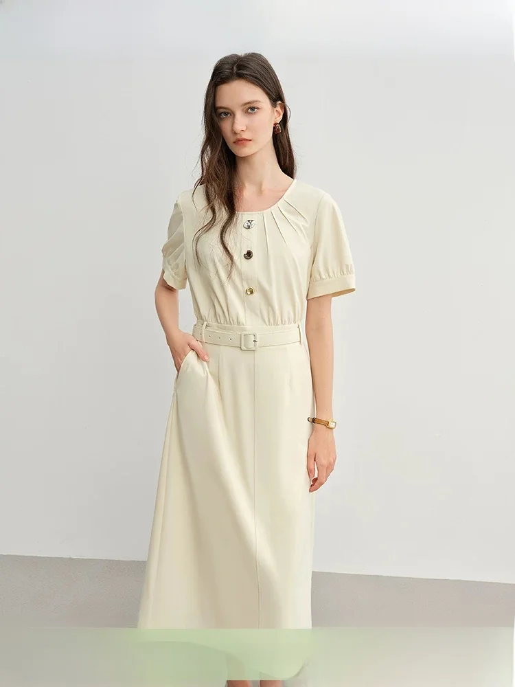 

Slimming plus Size Commute Dr round Ne Long Skirt High Waist A-Line Polyester Blend ort Sve Mid-Length Single Button