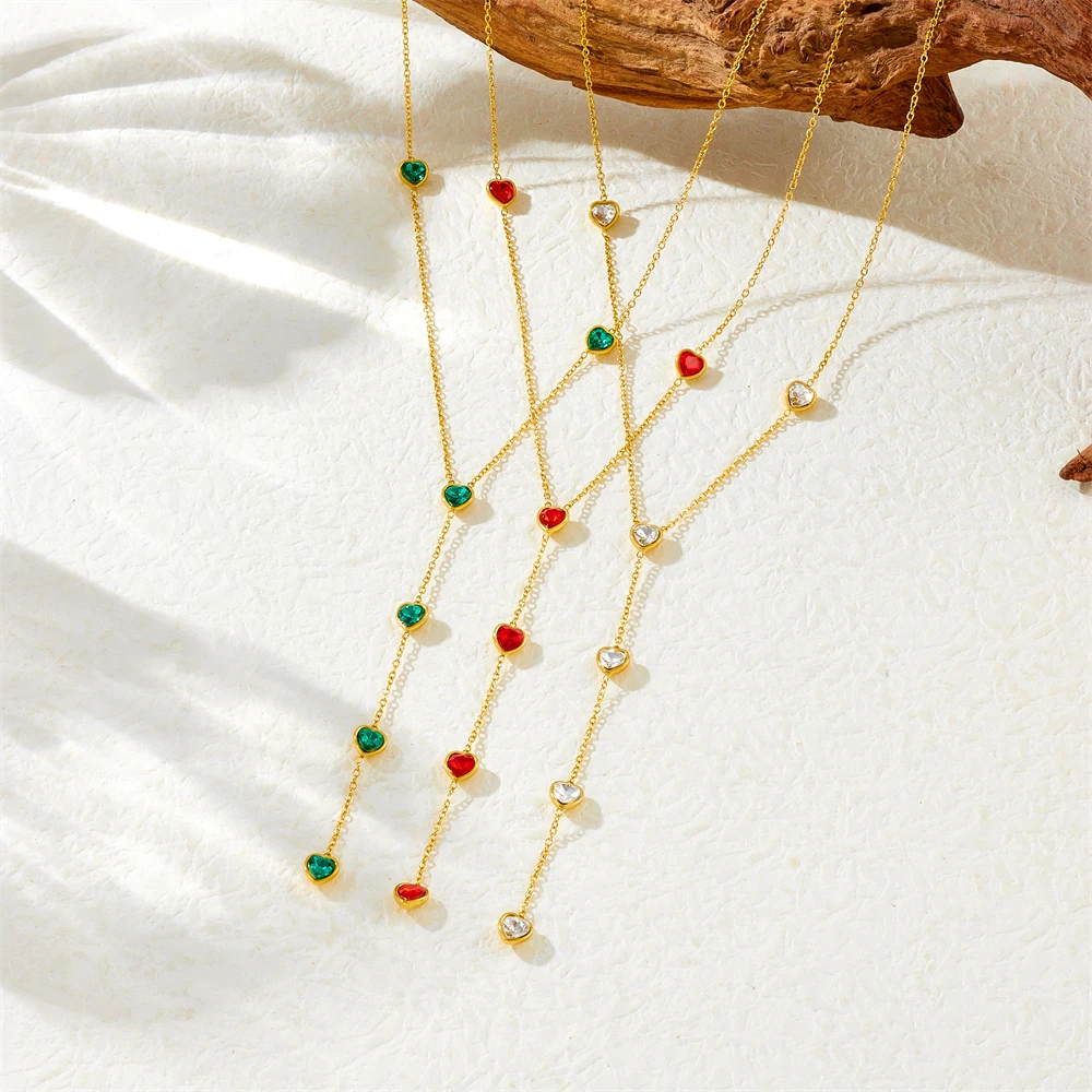DIEYURO 316L Stainless Steel Colorful Heart-shaped Zircon Long Fringe Chain Necklace For Women Fashion Neck Jewelry Gift Joyas