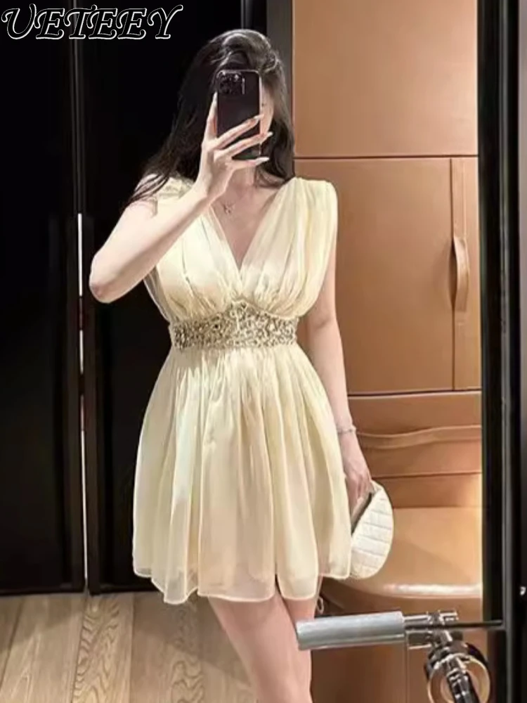 

Mesh Shiny Yellow Diamond Temperament Waist-Controlled Party Dress Socialite Temperament Pleated Banquet Sleeveless Dresses