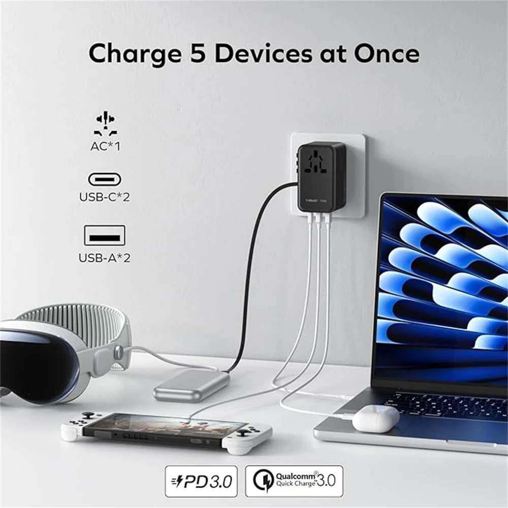 Imagem -05 - Momax-adaptador de Energia Universal com Cabo Usb-c Embutido Carregador para Laptops e Tablets Plugue de Viagem Eua Reino Unido ue au 70w