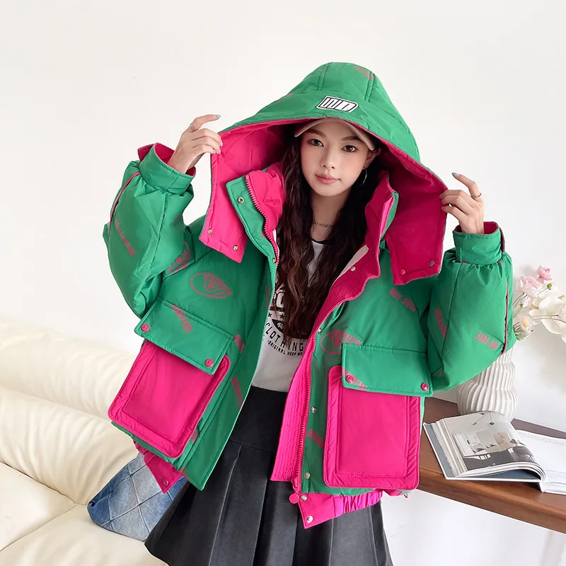 الشتاء الأبيض بطة أسفل السترات الدافئة المرقعة مقنعين أسفل سترة المرأة جيب كبير سميكة مبطن سترة أبلى معطف