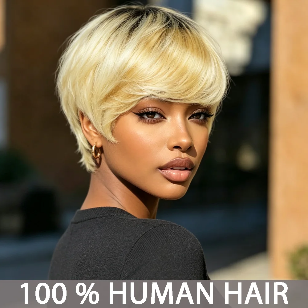 6inch Brazilian Remy Hair Wig Suitable For People - Glueless Non-Lace Front Pixie Cut With Rose Net Cap, Natural Look Short Stra