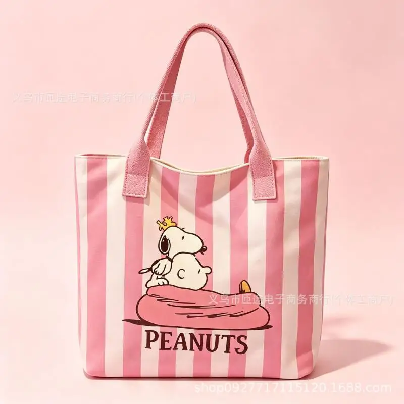 Snoopy Striped Canvas Tote Bag Cartoon Printed Single Shoulder Handbag Large Capacity Reusable Shopping Bag Storage Bag