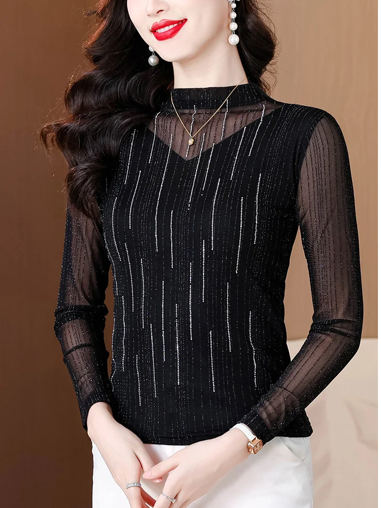ربيع الخريف طويلة الأكمام الياقة المدورة المرأة تي شيرت أزياء عارضة الساخن الماس عالية تمتد شبكة قمم الملابس السوداء