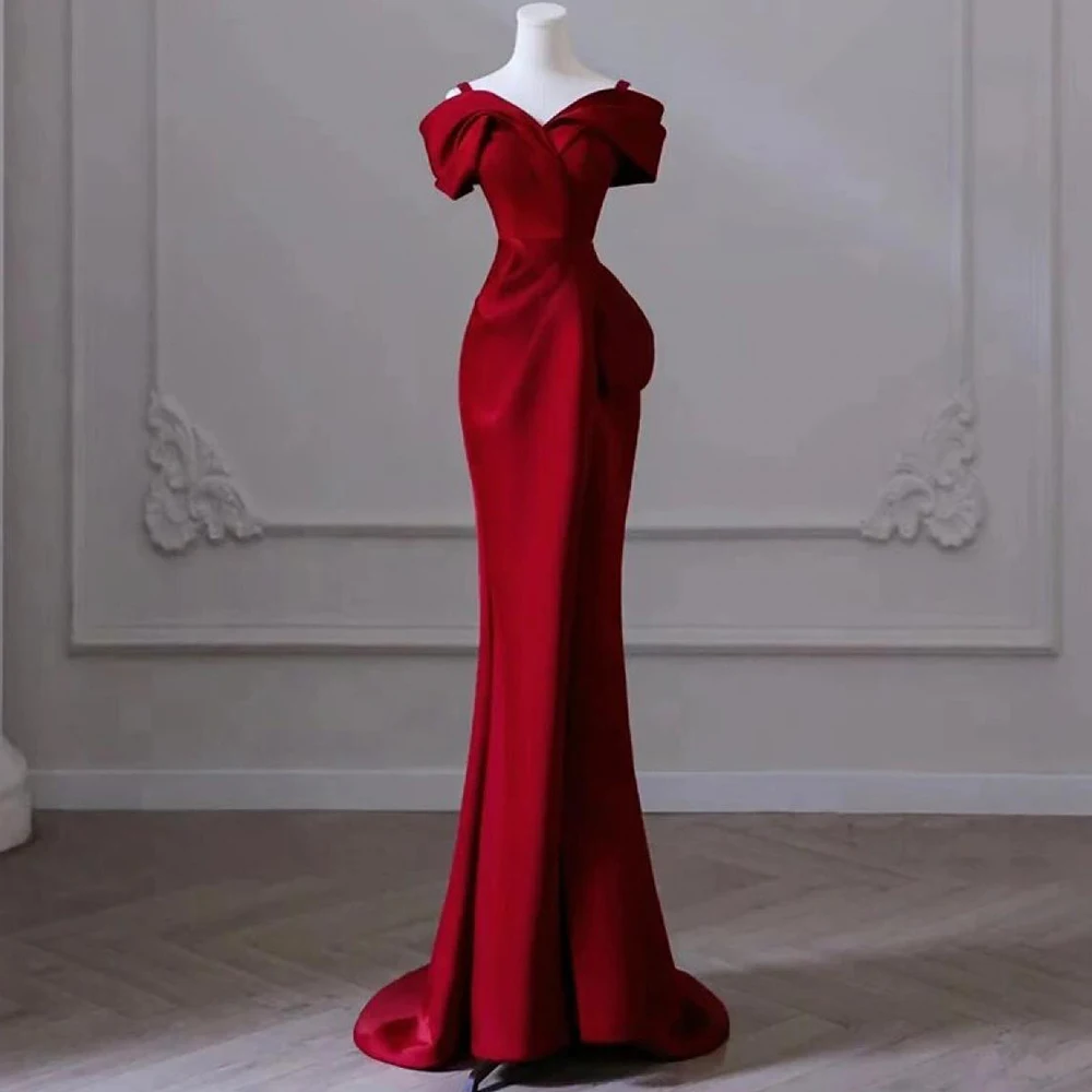 

Dream Red High Quality Evening Dress Satin for Floor-Length Off the Shoulder Prom Dress Mermid Vestidos De Fiesta Customized