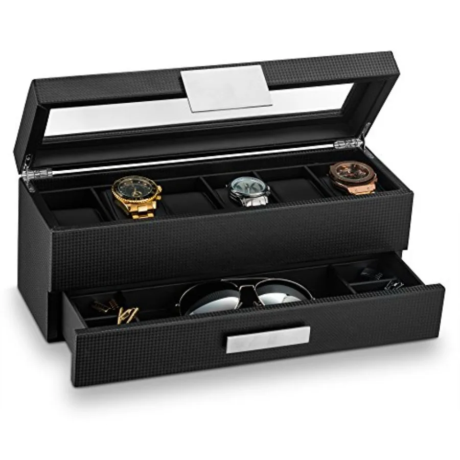 

Коробка для часов Co Watch Box с выдвижным ящиком для мужчин - Роскошный органайзер-витрина с дизайном из углеродного волокна - Металлическая застежка для мужских украшений и часов