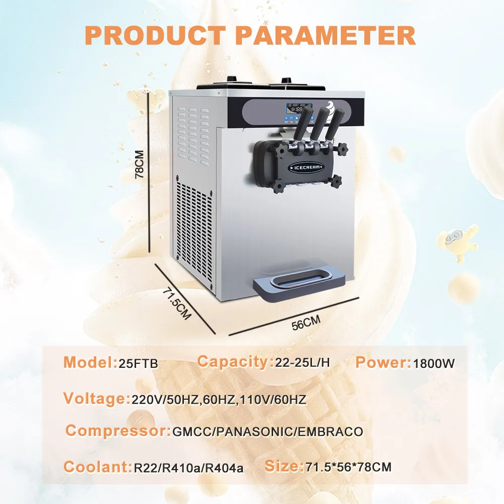 Snack Food Factory 25-28L/h 3 Flavor Soft Ice Cream Maker Machine Three Head Desktop Ice Cream Machine