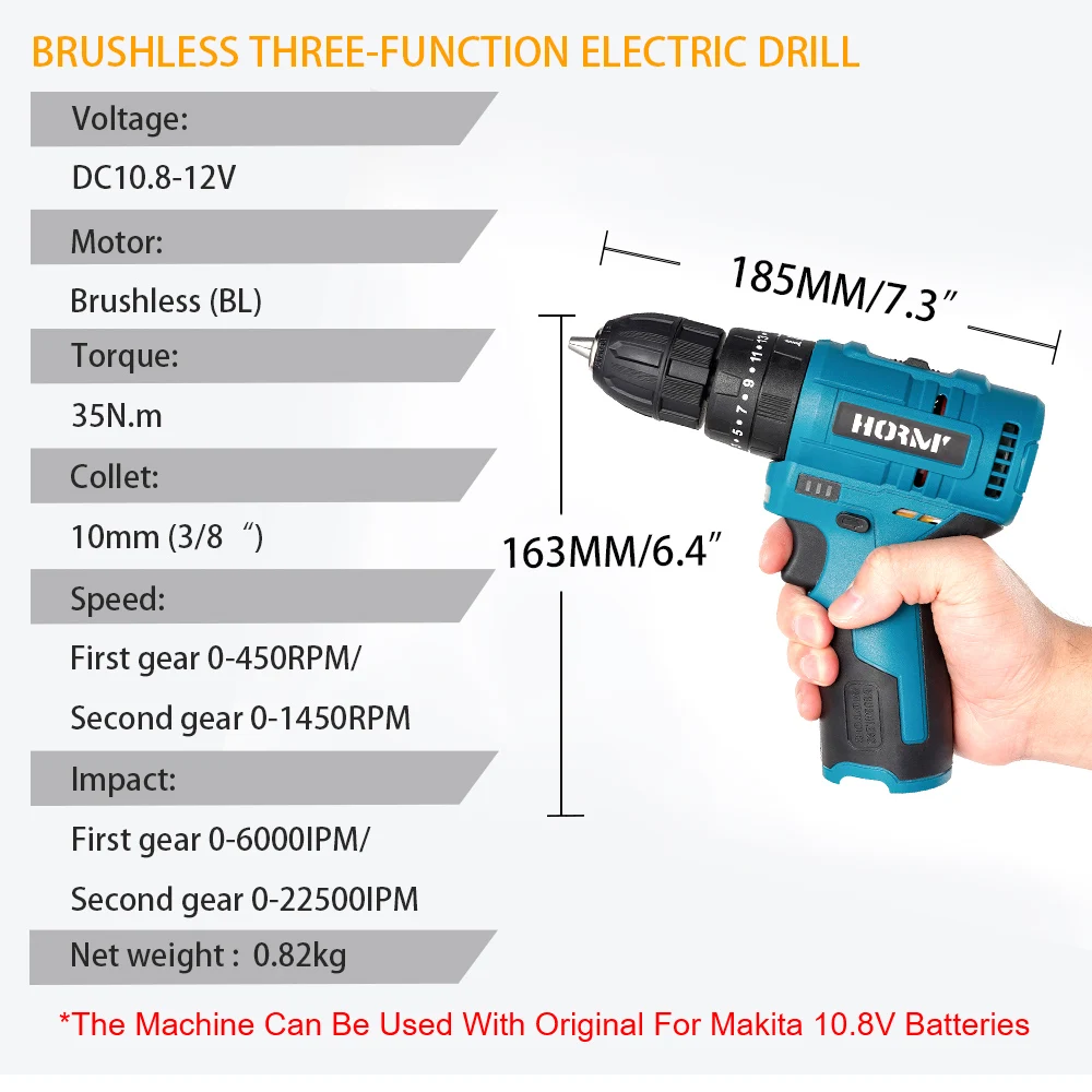 12V Brushless Electric Drill 3in1 Cordless Driller Driver Adjustable Speed Electric Impact Drill Screwdriver with Li-ion Battery