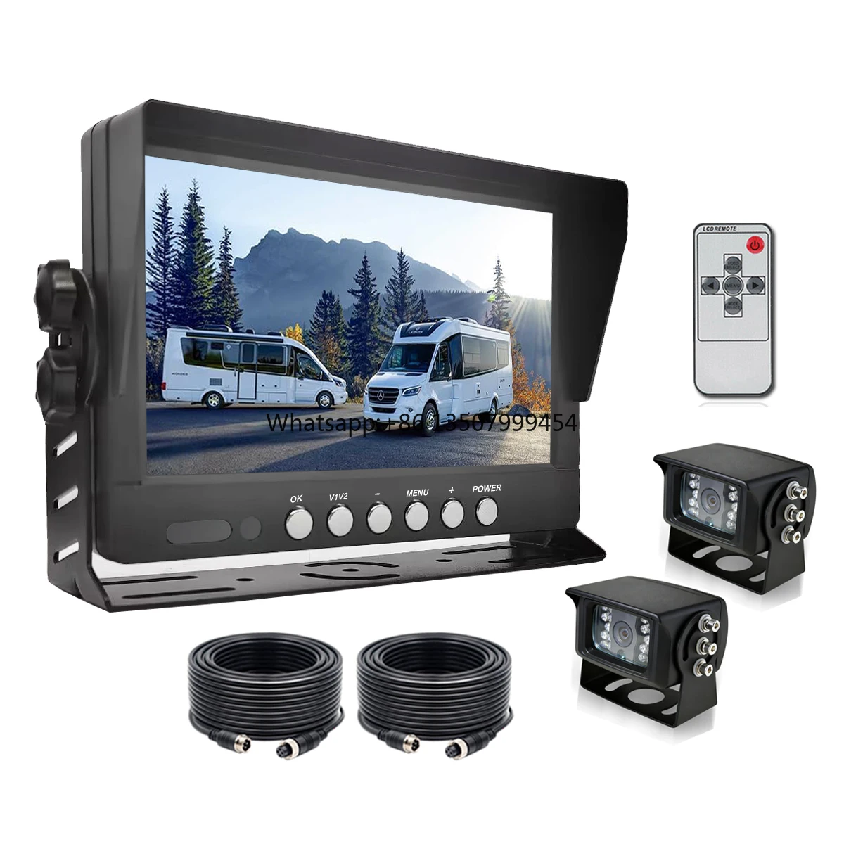 7 Inch TFT LCD Screen Car Monitor 2ch 4PIN Video in with 2x Heavy Duty Meal Case Backup Reversing Cameras for Universal Vehicles