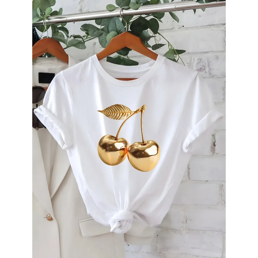 レディース カジュアル サマー Tシャツ ゴールデン チェリー プリント 原宿袖 カジュアル レディース Y2K 衣類 ストリート エステティック 服