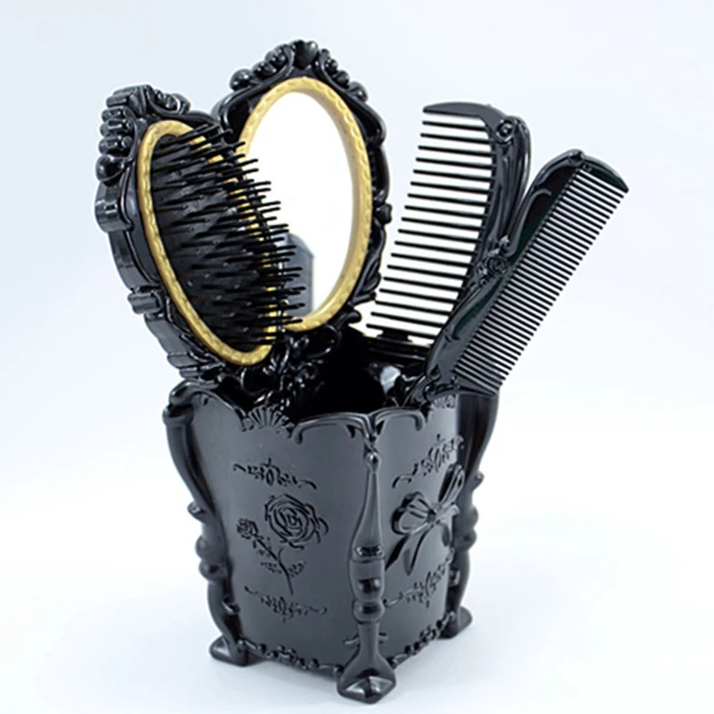 5Pcs Vanity Mirror Comb Set Vintage Hair Brush Rotating Storage Rack Pocket Detangling Paddle Bag Round Styling Tool Barber