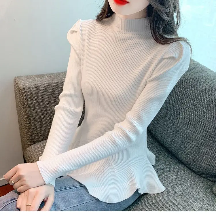 New Hemline Ruffle Edge Sweater Knitted Sweater Women's Bubble Sleeves Irregular Base Shirt Inner Top