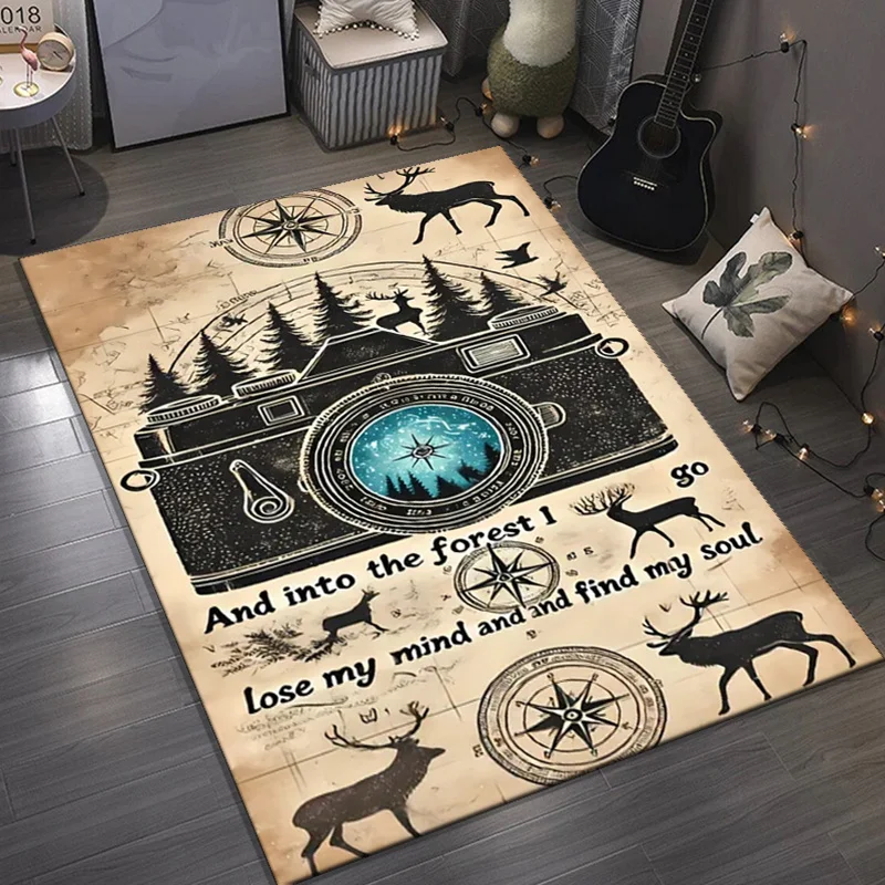 Forest Adventure Camera Deer Rug Inspirational Quote, Nature Lover Gift Rustic Home Decor Anti slip carpet can be machine washed - view 5