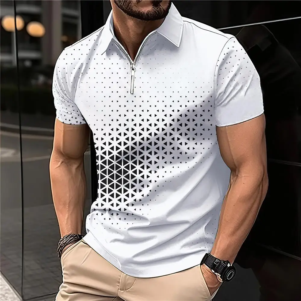 Summer T Shirts for Men 2024 Short Sleeve Men\'s Clothing Collar 3D Printing Plain Shirt Striped Polo Tees Fashion Pullover Tops