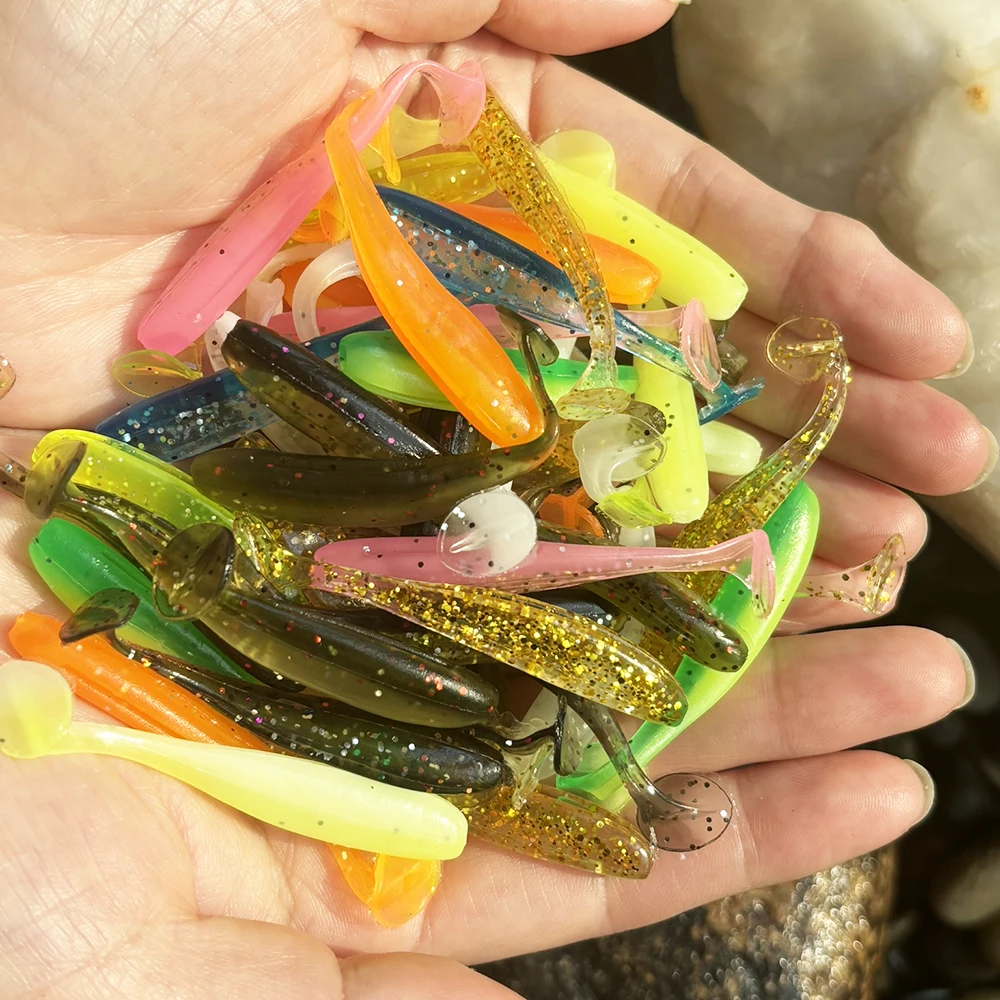 50/100 Stück weiche Angelköder, T-Schwanzwurm, weiche Kunststoff-Angelköder, Paddelschwanz, Swimbaits, 5,5 cm, weiche Kunstköder – Detail 1