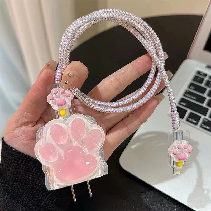 Pink Cartoon Cute Cat Paw Clear Silicone Charger Case For IPhone 18W-20W Fast Charge Protection Cover Charger Sleeve Accessories