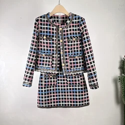 High End Women Wool Tweed Autumn Winter 2 Piece Set Plaid French Vintage Coat Outwear Casual +Mini Skirts Sets