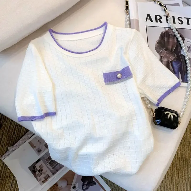 

New Summer Ice Silk High-end T-shirt Soft Short-sleeved Women's Versatile Short-sleeved Sweater Color-blocking Chic Top Sweet