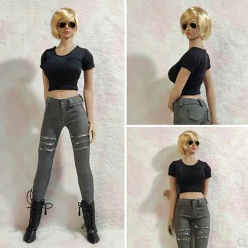 1/6 Female Soldier Fashion Clothes Tight Pants Wrap Buttocks Hole Jeans Crop Top Accessory Fit 12Inch Action Figure Body Toy