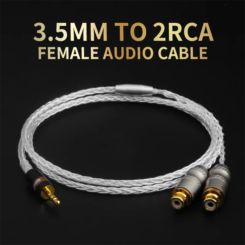QINCROWN 3.5mm to 2RCA Female Audio Cable 1 to 2 jack HiFi Single Crystal Silver Power Amplifier Sound Mixer extension Cable