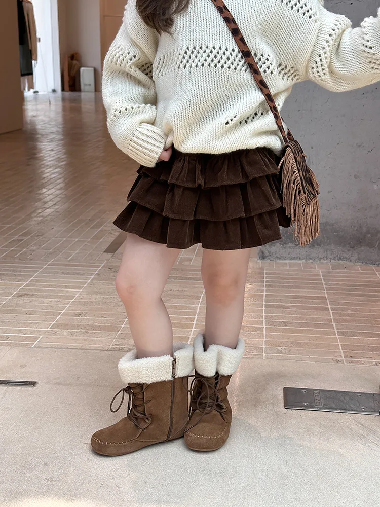Autumn Pleated Corduroy Skirt Girls Lace Ruffle Cake Skirt Textured 2-14y Young Girls Brown Dress Vintage Mini Princess Dresses