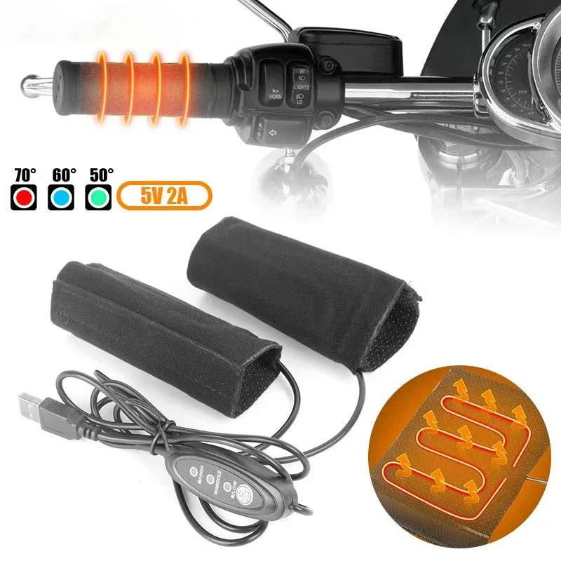 Sarung setang pemanas sepeda motor 10W, penutup pegangan penghangat sepeda motor 5V 2A USB 3 Gear Anti getaran antiselip, kit pemanas cepat