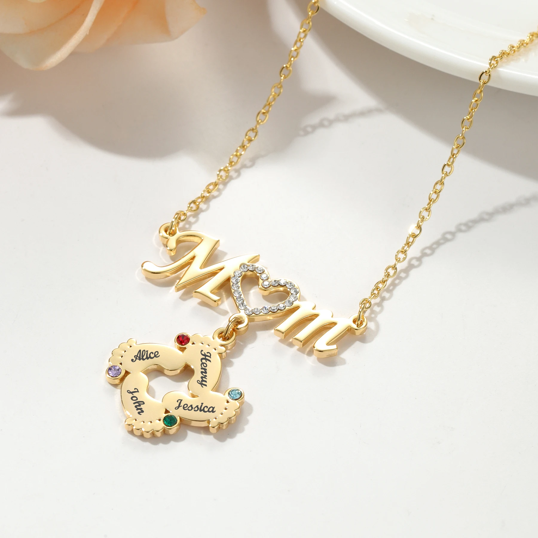 

Qitian Custom Name Necklace Personalized Diamond Mom Necklace With Birthstone Baby Feet Nameplate Necklace For Women Mom Gift