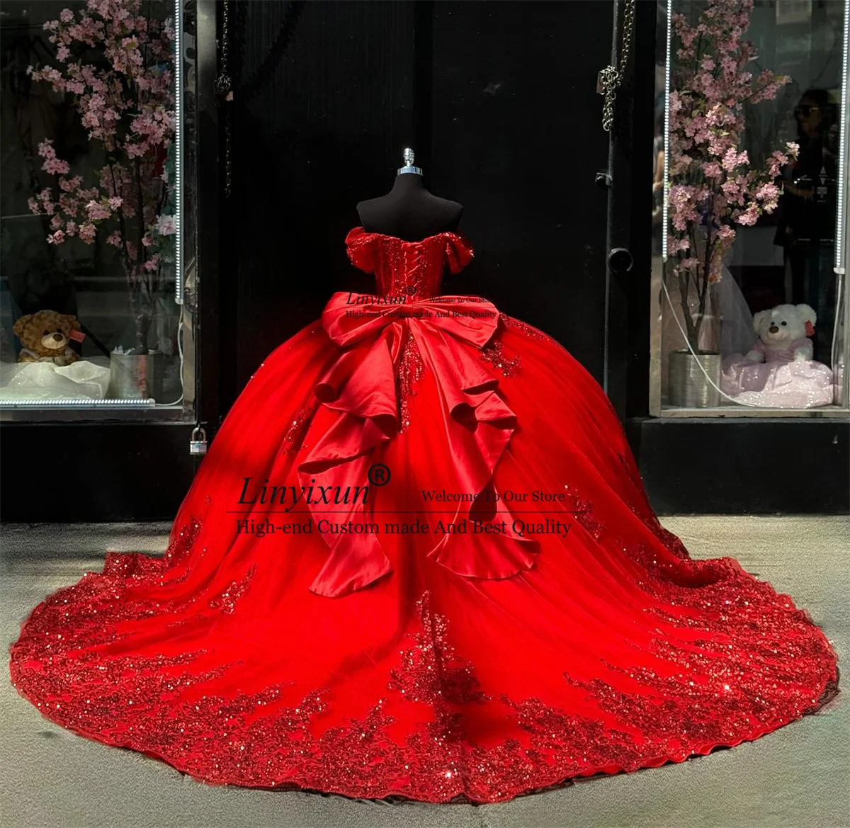 Red Ball Gown Quinceanera Dress Sparkly Lace Applique Sequins Birthday Sweet 16 Gown Princess Mexican Vestidos De 15 XV Años