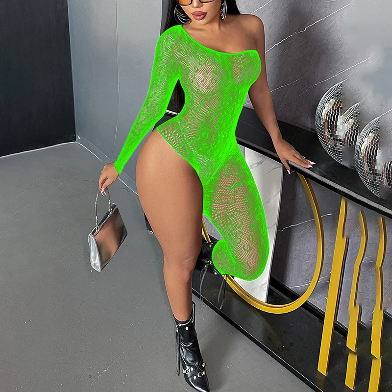 OMSJ 8 Colors Wild Sexy Women Leopard Hollow Transparent 1Pcs Jumpsuits One-shoulder Asymmetric Single Leg Romper Nightclub Wear
