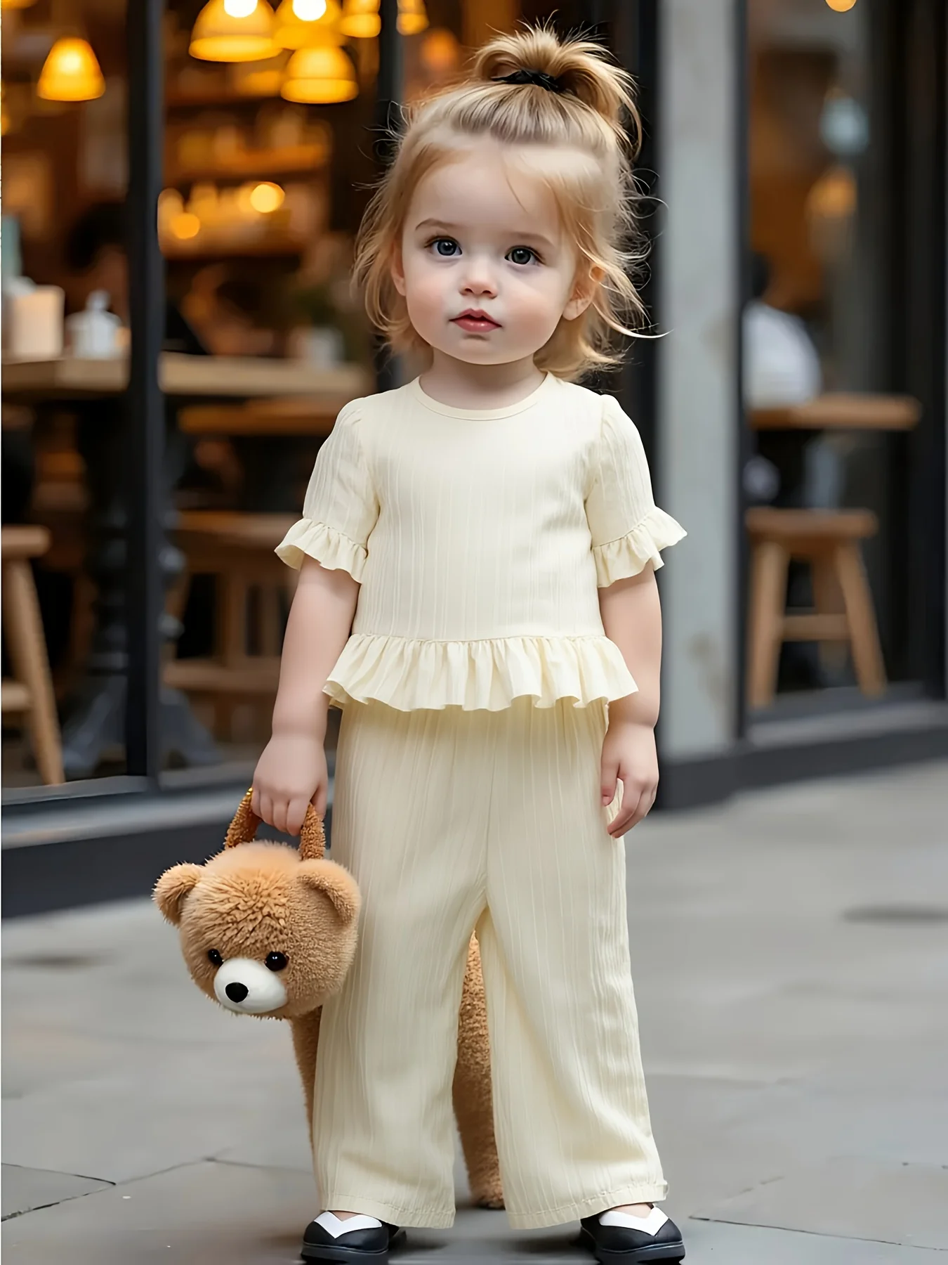Cream Yellow Ribbed Flutter-Sleeve Ruffle Set - Wide-Leg Pants Girls’ Gentle Relaxed Daily Outfit