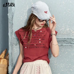 2024 Summer ELFSACK New Arrivals Retro grey letter print round neck button design slim loose short sleeve T-shirt for women