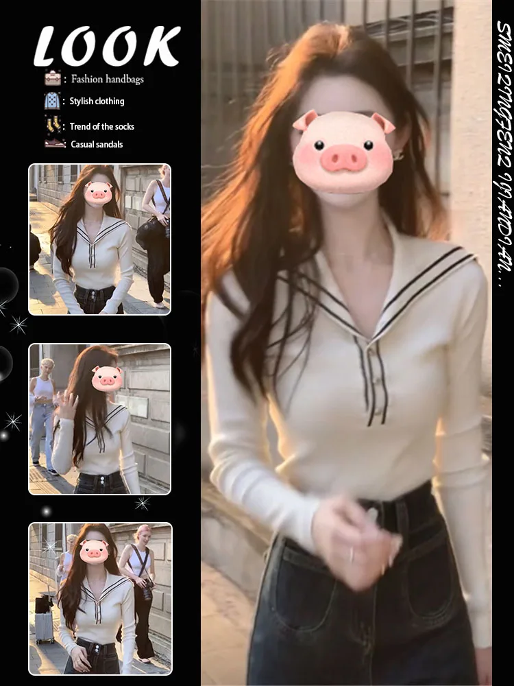 navy-collar-long-sleeve-knitted-sweater-women's-short-style-inner-wear-base-shirt-top-college-style-early-autumn-new-arrival