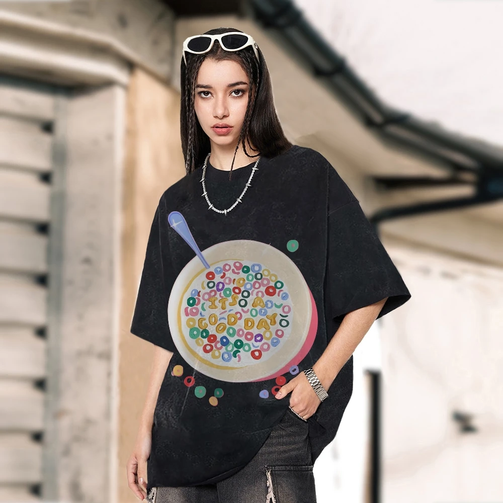 トレンディなヴィンテージユニセックスグラフィック Tシャツシリアルボウル Tシャツプレミアムコットン高品質オーバーサイズウォッシュ Tシャツカラフルな Y2K スタイル