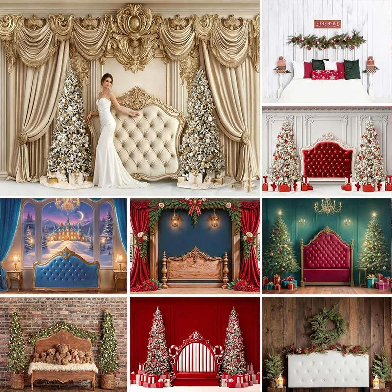 

LS Photography Background Christmas Retro Wall Curtains Headboard Xmas Tree Kids Family Portrait Decor Backdrop Photo Studio