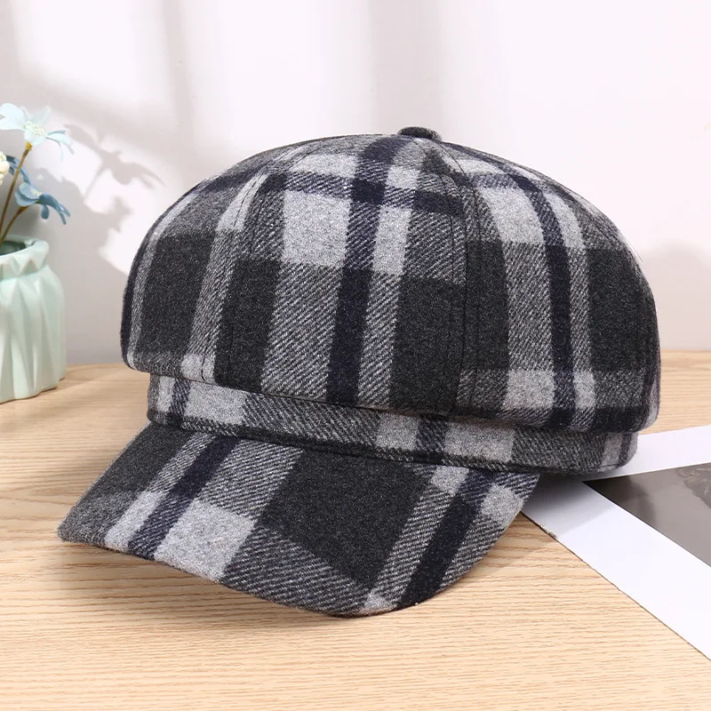 Autumn And Winter New Woolen Octagonal Hat Color Matching Plaid Fashion Art Beret Painter Hat Retro Grace Men\'s And Women\'s Cap