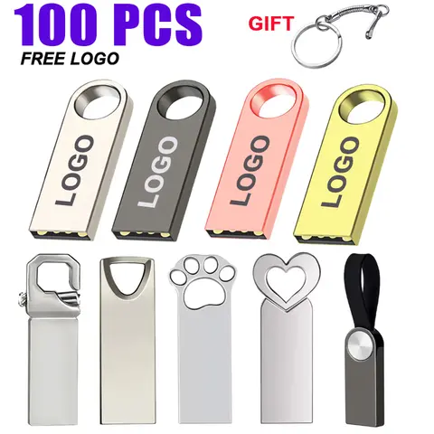 100PCS/lot Metal Pen Drive 64GB 32GB 16GB USB Flash Drive 8GB 4GB U Disk 2GB 1GB 128M 256M 512M Key Usb Stick Free Custom Logo