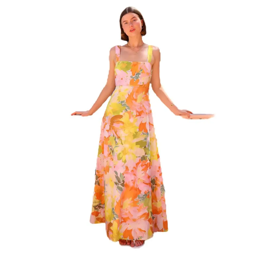 Verão novo estilo de férias europeu e americano vestido suspender flor pêndulo vestido