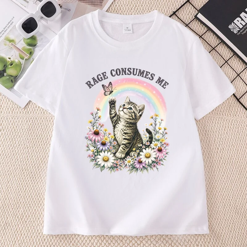 Vintage-T-Shirt „Rage Consumes Me“ mit lustigem Katzenmotiv, bedrucktes T-Shirt mit Blumenmuster, Regenbogen-Top für Damen, lässiges bedrucktes T-Shirt mit Rundhalsausschnitt – Detail 4